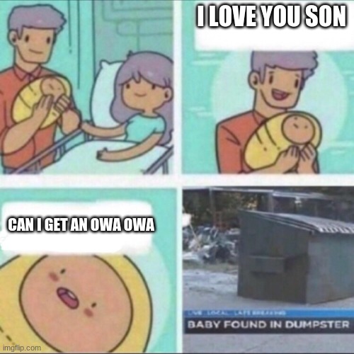 Baby Found in Dumpster | I LOVE YOU SON; CAN I GET AN OWA OWA | image tagged in baby found in dumpster | made w/ Imgflip meme maker