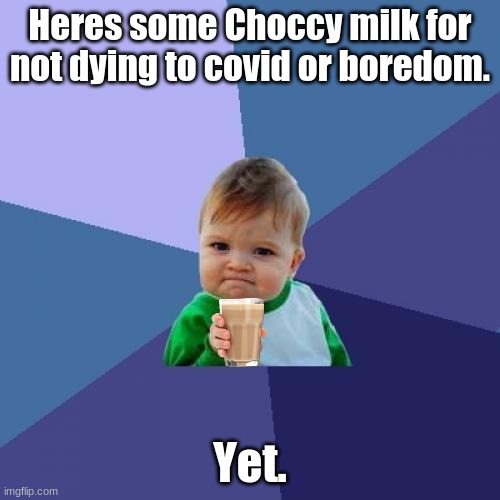 Y e t : D | Heres some Choccy milk for not dying to covid or boredom. Yet. | image tagged in memes,success kid | made w/ Imgflip meme maker