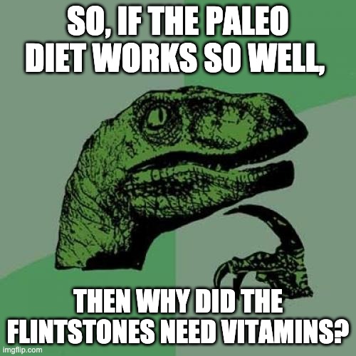 Flintstones | SO, IF THE PALEO DIET WORKS SO WELL, THEN WHY DID THE FLINTSTONES NEED VITAMINS? | image tagged in memes,philosoraptor | made w/ Imgflip meme maker