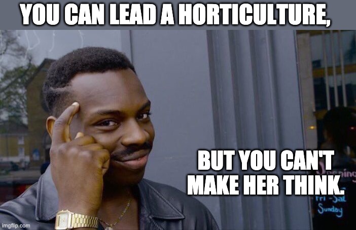 Horticulture | YOU CAN LEAD A HORTICULTURE, BUT YOU CAN'T MAKE HER THINK. | image tagged in memes,roll safe think about it | made w/ Imgflip meme maker