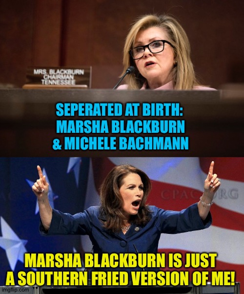 Blackburn & Bachmann | SEPERATED AT BIRTH: 
MARSHA BLACKBURN
& MICHELE BACHMANN; MARSHA BLACKBURN IS JUST A SOUTHERN FRIED VERSION OF ME! | image tagged in marsha blackburn,representative michele bachmann - bat shit crazy | made w/ Imgflip meme maker