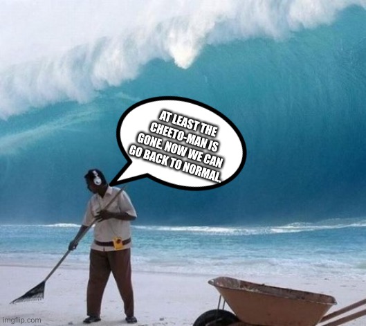 Libs right now | AT LEAST THE CHEETO-MAN IS GONE. NOW WE CAN GO BACK TO NORMAL. | image tagged in beach man wave tsunami ignoring,memes,politics,liberals | made w/ Imgflip meme maker