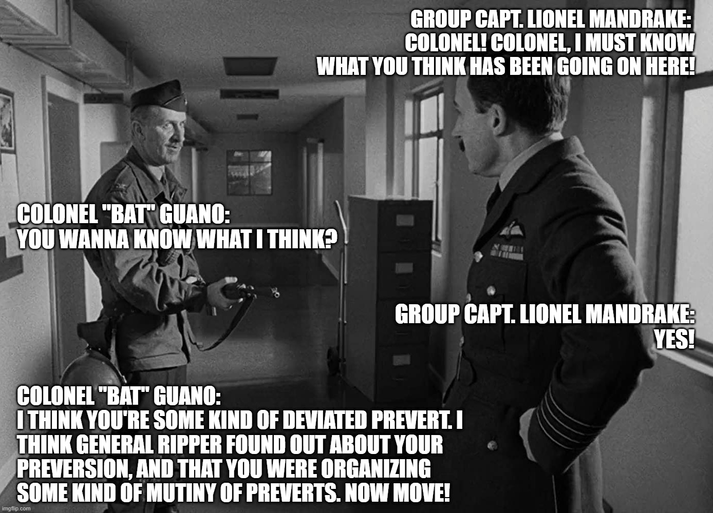 GROUP CAPT. LIONEL MANDRAKE: 
COLONEL! COLONEL, I MUST KNOW WHAT YOU THINK HAS BEEN GOING ON HERE! COLONEL "BAT" GUANO:
I THINK YOU'RE SOME  | made w/ Imgflip meme maker