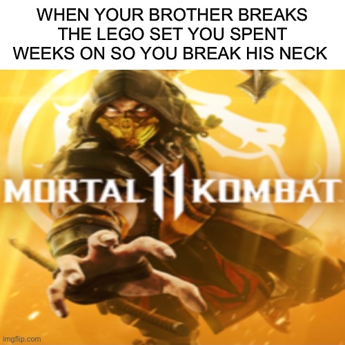 When... | WHEN YOUR BROTHER BREAKS THE LEGO SET YOU SPENT WEEKS ON SO YOU BREAK HIS NECK | image tagged in mortal kombat,ha ha tags go brr | made w/ Imgflip meme maker