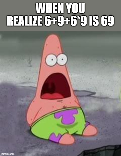 Suprised Patrick | WHEN YOU REALIZE 6+9+6*9 IS 69 | image tagged in suprised patrick | made w/ Imgflip meme maker