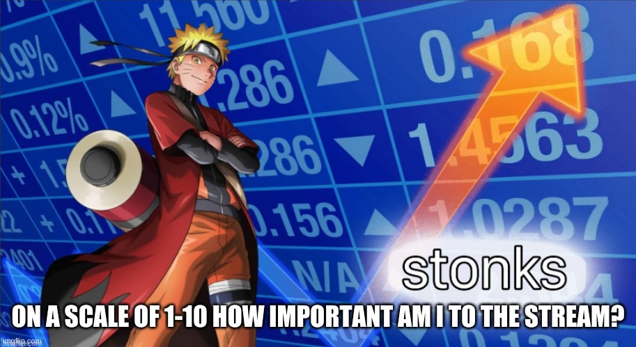 *casually expects 0* | ON A SCALE OF 1-10 HOW IMPORTANT AM I TO THE STREAM? | image tagged in naruto stonks | made w/ Imgflip meme maker