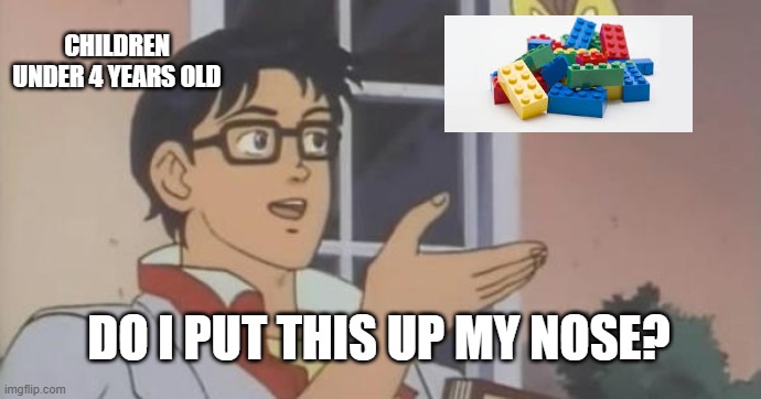 legos | CHILDREN UNDER 4 YEARS OLD; DO I PUT THIS UP MY NOSE? | image tagged in is this a pigeon | made w/ Imgflip meme maker
