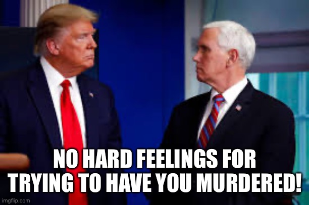 Oh, To Be A Fly On The VP.... | NO HARD FEELINGS FOR TRYING TO HAVE YOU MURDERED! | image tagged in donald trump,mike pence,capital riots,basket of deplorables,trump riots,trump supporters | made w/ Imgflip meme maker