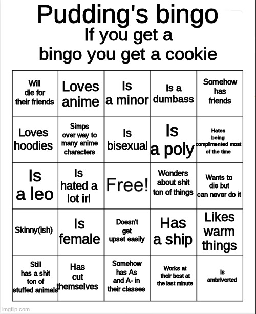 ecksdee | Pudding's bingo; If you get a bingo you get a cookie; Is a minor; Loves anime; Somehow has friends; Will die for their friends; Is a dumbass; Is bisexual; Loves hoodies; Hates being complimented most of the time; Is a poly; Simps over way to many anime characters; Wonders about shit ton of things; Is a leo; Wants to die but can never do it; Is hated a lot irl; Skinny(ish); Is female; Likes warm things; Has a ship; Doesn't get upset easily; Still has a shit ton of stuffed animals; Has cut themselves; Is ambriverted; Somehow has As and A- in their classes; Works at their best at the last minute | image tagged in blank bingo | made w/ Imgflip meme maker