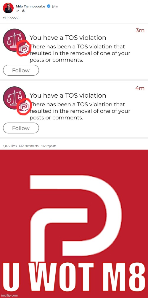 Imagine violating the TOS on freaking Parler. (Imagine being proud of it.) [Imagine liking this post] | U WOT M8 | image tagged in milo yiannopoulos parler troll,parler,free speech,terms and conditions,freedom of speech,internet troll | made w/ Imgflip meme maker