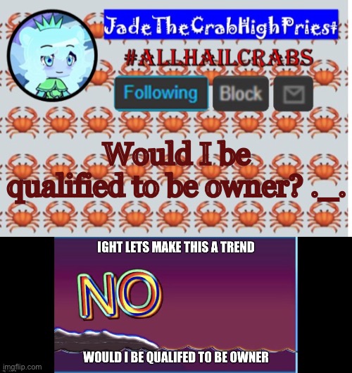 No I don’t care that the original image was made 10 hours ago | Would I be qualified to be owner? ._. | image tagged in jadethecrabhighpriest announcement template | made w/ Imgflip meme maker