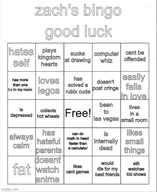 if you get bingo you own me for a hour (not joking) | good luck; zach's bingo; sucks at drawing; plays kingdom hearts; cant be offended; hates self; computer whiz; has solved a rubix cude; has more than one t.v in my room; easily falls in love; doesn't post cringe; loves legos; been to las vegas; is depressed; lives in a small room; collects hot wheels; always calm; has hateful parents; likes small things; is internally dead; can do math in head faster than a calculator; doesnt watch anime; still watches kid shows; fat; likes card games; would die for my best friends | image tagged in blank bingo | made w/ Imgflip meme maker