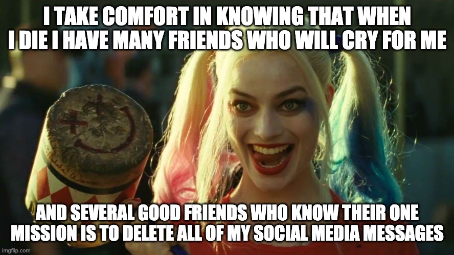 delete my social media when i die | I TAKE COMFORT IN KNOWING THAT WHEN I DIE I HAVE MANY FRIENDS WHO WILL CRY FOR ME; AND SEVERAL GOOD FRIENDS WHO KNOW THEIR ONE MISSION IS TO DELETE ALL OF MY SOCIAL MEDIA MESSAGES | image tagged in harley quinn hammer | made w/ Imgflip meme maker