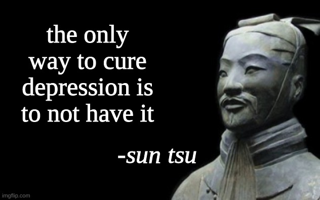 sun tsu fake quote | the only way to cure depression is to not have it | image tagged in sun tsu fake quote | made w/ Imgflip meme maker