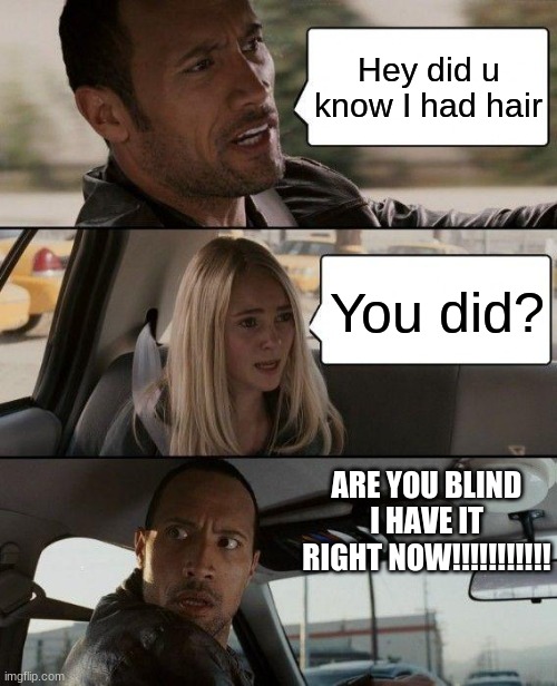 Hair | Hey did u know I had hair; You did? ARE YOU BLIND I HAVE IT RIGHT NOW!!!!!!!!!!! | image tagged in memes,the rock driving | made w/ Imgflip meme maker