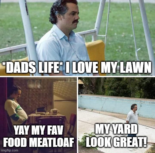 Sad Pablo Escobar Meme | *DADS LIFE* I LOVE MY LAWN; YAY MY FAV FOOD MEATLOAF; MY YARD LOOK GREAT! | image tagged in memes,sad pablo escobar | made w/ Imgflip meme maker