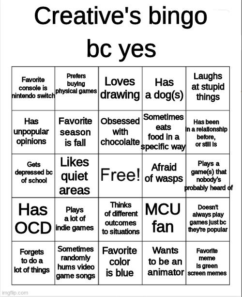 Doing one of these | bc yes; Creative's bingo; Prefers buying physical games; Loves drawing; Favorite console is nintendo switch; Laughs at stupid things; Has a dog(s); Sometimes eats food in a specific way; Obsessed with chocolalte; Has unpopular opinions; Has been in a relationship before, or still is; Favorite season is fall; Gets depressed bc of school; Plays a game(s) that nobody's probably heard of; Afraid of wasps; Likes quiet areas; Doesn't always play games just bc they're popular; Has OCD; Thinks of different outcomes to situations; Plays a lot of indie games; MCU fan; Forgets to do a lot of things; Favorite meme is green screen memes; Sometimes randomly hums video game songs; Favorite color is blue; Wants to be an animator | image tagged in blank bingo | made w/ Imgflip meme maker