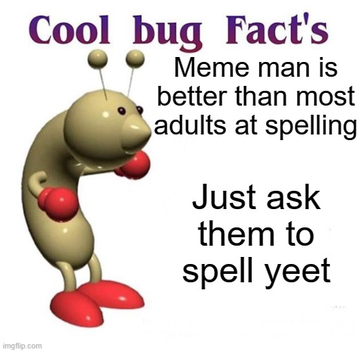 this is tru tho | Meme man is better than most adults at spelling; Just ask them to spell yeet | image tagged in cool bug facts,memes,funny,yeet | made w/ Imgflip meme maker
