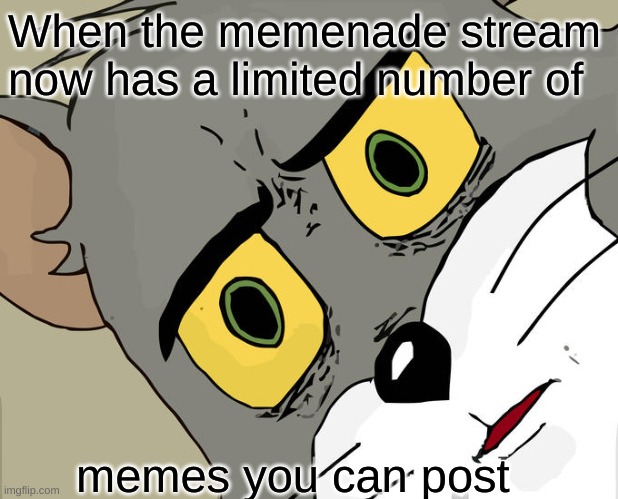 I kinda feel like this is because of me spamming memes on that channel lol | When the memenade stream now has a limited number of; memes you can post | image tagged in memes,unsettled tom | made w/ Imgflip meme maker
