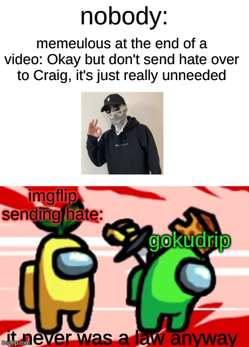 nobody:; memeulous at the end of a video: Okay but don't send hate over to Craig, it's just really unneeded; imgflip sending hate:; gokudrip; it never was a law anyway | image tagged in blank white template,among us stab,gokudrip,memeulous,memes,funny | made w/ Imgflip meme maker