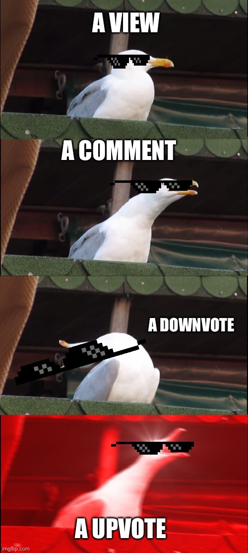 Inhaling Seagull | A VIEW; A COMMENT; A DOWNVOTE; A UPVOTE | image tagged in memes,inhaling seagull | made w/ Imgflip meme maker