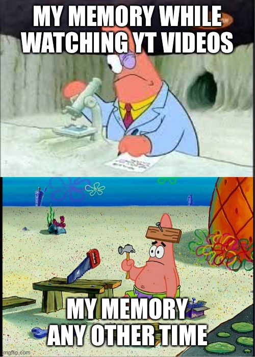 PAtrick, Smart Dumb | MY MEMORY WHILE WATCHING YT VIDEOS; MY MEMORY ANY OTHER TIME | image tagged in patrick smart dumb,youtube | made w/ Imgflip meme maker