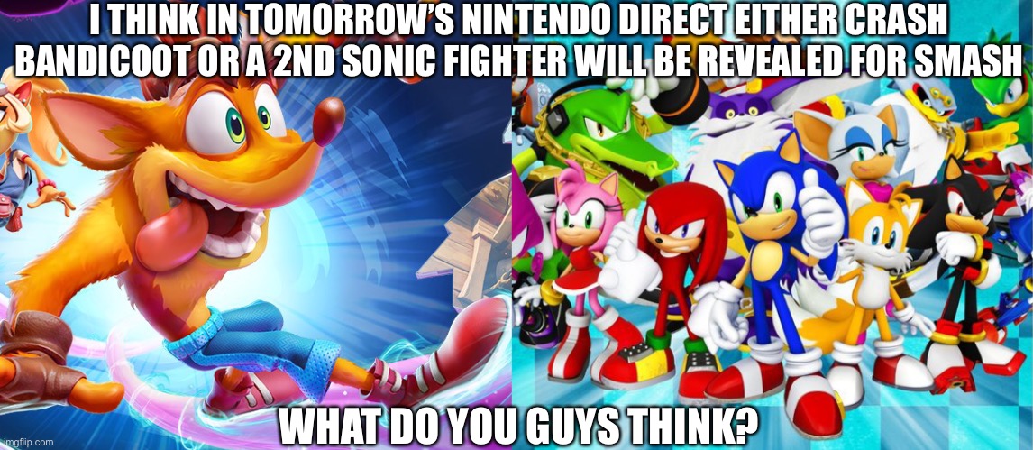 If I get this correct I’m a frickin genius. | I THINK IN TOMORROW’S NINTENDO DIRECT EITHER CRASH BANDICOOT OR A 2ND SONIC FIGHTER WILL BE REVEALED FOR SMASH; WHAT DO YOU GUYS THINK? | image tagged in super smash bros,nintendo,sonic the hedgehog,crash bandicoot,dlc | made w/ Imgflip meme maker