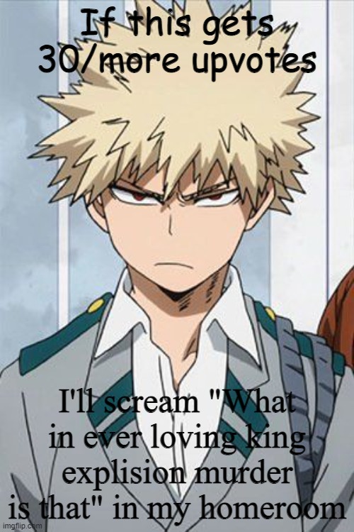 I will | If this gets 30/more upvotes; I'll scream "What in ever loving king explision murder is that" in my homeroom | image tagged in bakugo,home,room | made w/ Imgflip meme maker