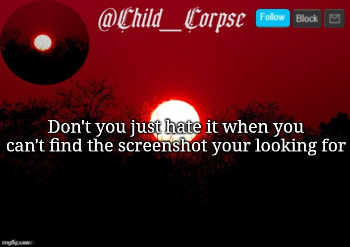 I sure do | Don't you just hate it when you can't find the screenshot your looking for | image tagged in child_corpse announcement template | made w/ Imgflip meme maker