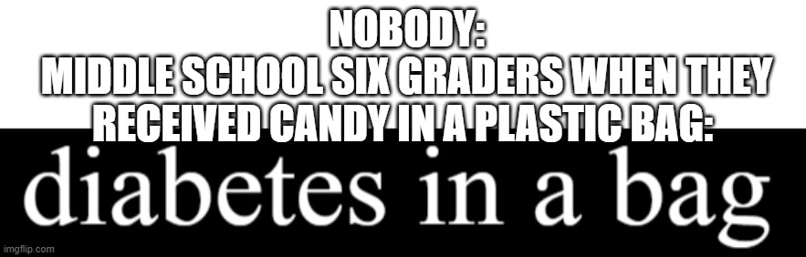 Just a past memory. | NOBODY:
MIDDLE SCHOOL SIX GRADERS WHEN THEY RECEIVED CANDY IN A PLASTIC BAG: | made w/ Imgflip meme maker