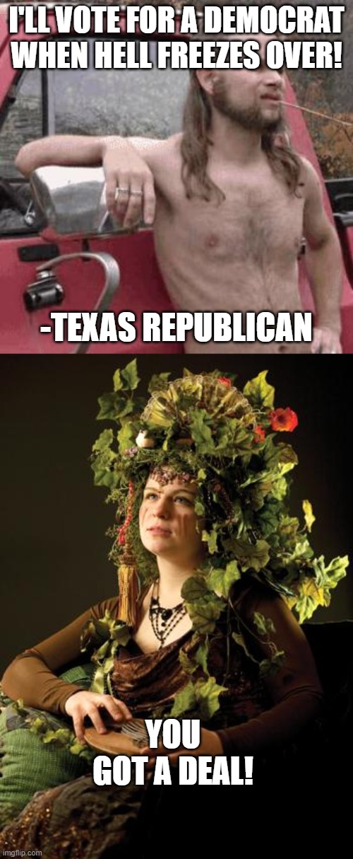 ouch | I'LL VOTE FOR A DEMOCRAT WHEN HELL FREEZES OVER! -TEXAS REPUBLICAN; YOU GOT A DEAL! | image tagged in almost redneck,mother nature | made w/ Imgflip meme maker