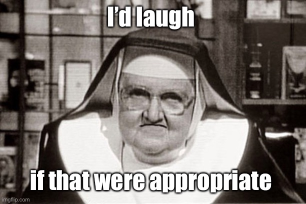 Frowning Nun Meme | I’d laugh if that were appropriate | image tagged in memes,frowning nun | made w/ Imgflip meme maker