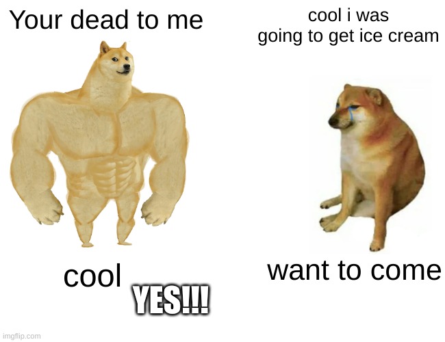 pe | Your dead to me; cool i was going to get ice cream; want to come; cool; YES!!! | image tagged in memes,buff doge vs cheems | made w/ Imgflip meme maker