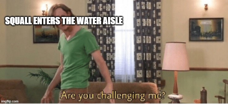 are you challenging me | SQUALL ENTERS THE WATER AISLE | image tagged in are you challenging me | made w/ Imgflip meme maker