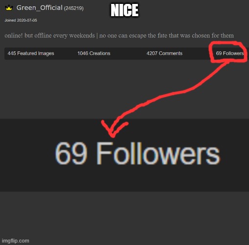 69 followers, two things, awesome number, thanks for the followers | NICE | image tagged in 69,lol,followers,my followers are in a certain number that is very gud | made w/ Imgflip meme maker