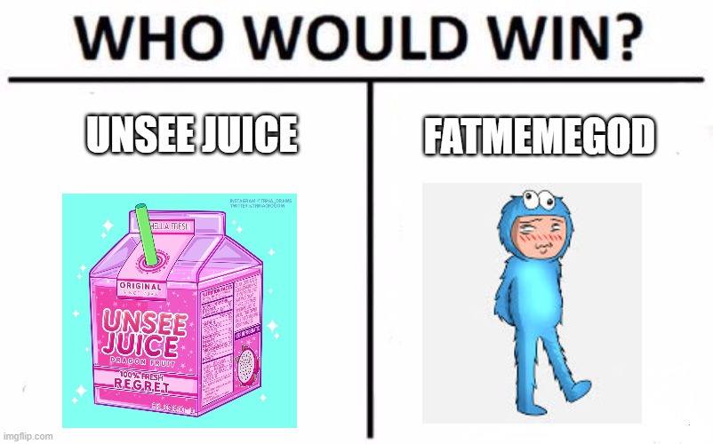 for those of you who dont know, meme is a friend of socksfor1 https://www.youtube.com/watch?v=my5S166LEpE | UNSEE JUICE; FATMEMEGOD | image tagged in memes,who would win | made w/ Imgflip meme maker