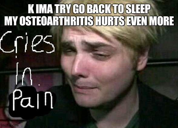 cries in emo | K IMA TRY GO BACK TO SLEEP MY OSTEOARTHRITIS HURTS EVEN MORE | image tagged in cries in emo | made w/ Imgflip meme maker