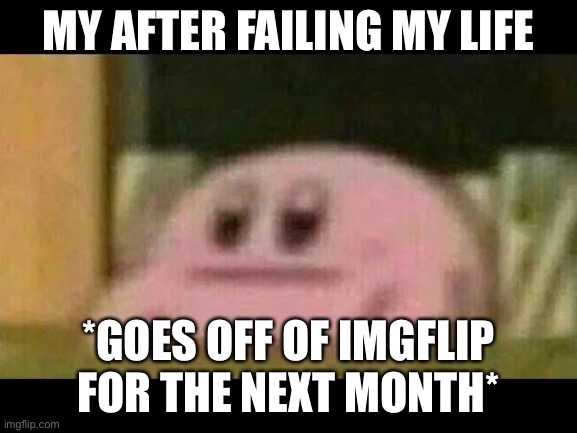 I’m a failure :> | MY AFTER FAILING MY LIFE; *GOES OFF OF IMGFLIP FOR THE NEXT MONTH* | image tagged in kirby derp-face,failure | made w/ Imgflip meme maker