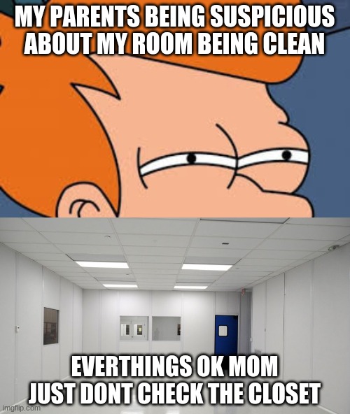 clean room? | MY PARENTS BEING SUSPICIOUS ABOUT MY ROOM BEING CLEAN; EVERTHINGS OK MOM JUST DONT CHECK THE CLOSET | image tagged in suspicious | made w/ Imgflip meme maker