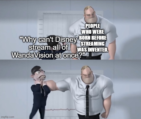Throttle The Annoyance | PEOPLE WHO WERE BORN BEFORE STREAMING WAS INVENTED. "Why can't Disney stream all of WandaVision at once?" | image tagged in throttle the annoyance | made w/ Imgflip meme maker