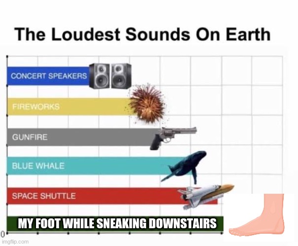 Loudest foot noises | MY FOOT WHILE SNEAKING DOWNSTAIRS | image tagged in the loudest sounds on earth,foot downstairs,sneaking | made w/ Imgflip meme maker