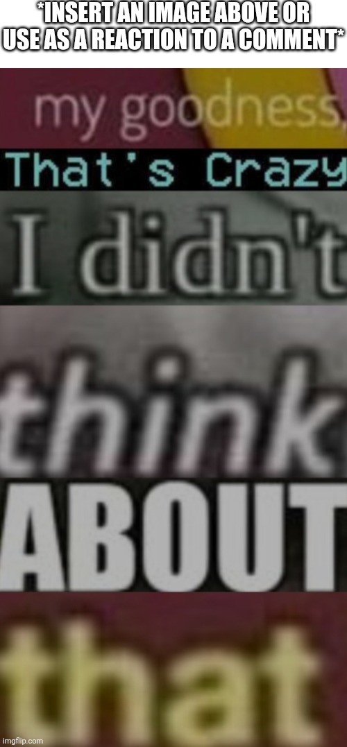 My goodness that's crazy I didn't think about that | *INSERT AN IMAGE ABOVE OR USE AS A REACTION TO A COMMENT* | image tagged in my goodness that's crazy i didn't think about that | made w/ Imgflip meme maker