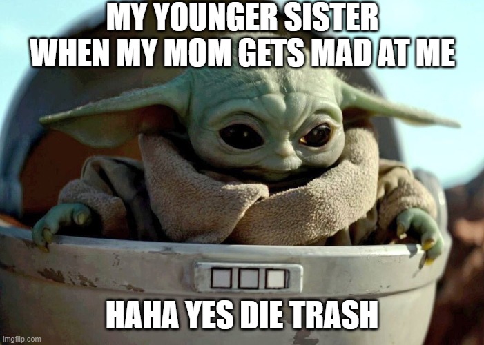 haha die brother | MY YOUNGER SISTER WHEN MY MOM GETS MAD AT ME; HAHA YES DIE TRASH | image tagged in baby yoda haha yes | made w/ Imgflip meme maker
