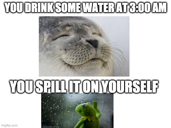 you drink water in the middle of the night and you spill it on yourself | YOU DRINK SOME WATER AT 3:00 AM; YOU SPILL IT ON YOURSELF | image tagged in blank white template | made w/ Imgflip meme maker