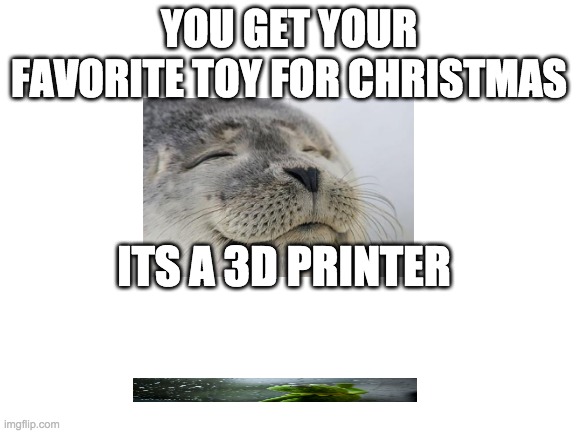 you get something for christmas | YOU GET YOUR FAVORITE TOY FOR CHRISTMAS; ITS A 3D PRINTER | image tagged in blank white template | made w/ Imgflip meme maker