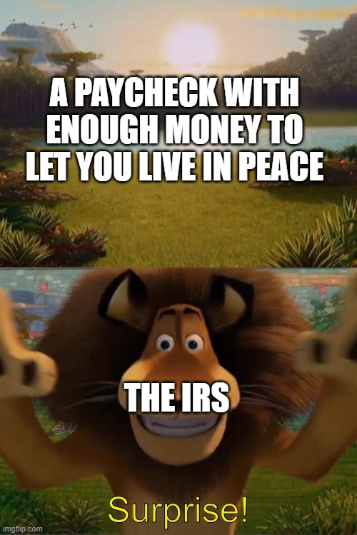 Darn taxes | A PAYCHECK WITH ENOUGH MONEY TO LET YOU LIVE IN PEACE; THE IRS | image tagged in alex the lion jumpscare | made w/ Imgflip meme maker
