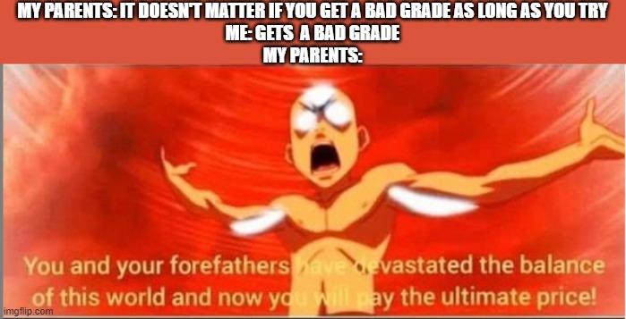 Avatar State | MY PARENTS: IT DOESN'T MATTER IF YOU GET A BAD GRADE AS LONG AS YOU TRY
ME: GETS  A BAD GRADE
MY PARENTS: | image tagged in avatar state | made w/ Imgflip meme maker