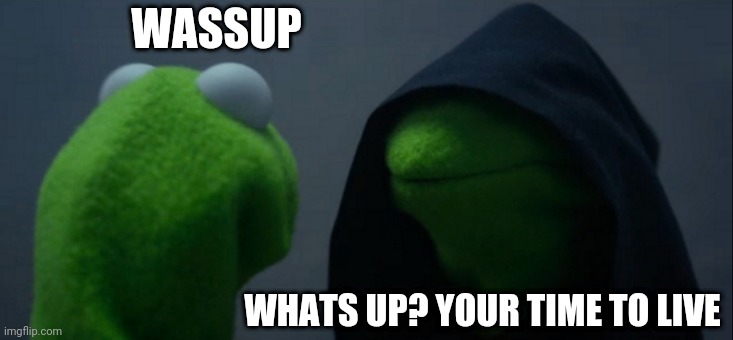 Evil Kermit Meme | WASSUP; WHATS UP? YOUR TIME TO LIVE | image tagged in memes,evil kermit | made w/ Imgflip meme maker