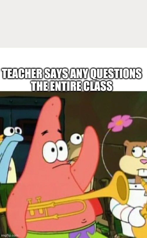 TEACHER SAYS ANY QUESTIONS
THE ENTIRE CLASS | image tagged in blank white template,memes,no patrick | made w/ Imgflip meme maker