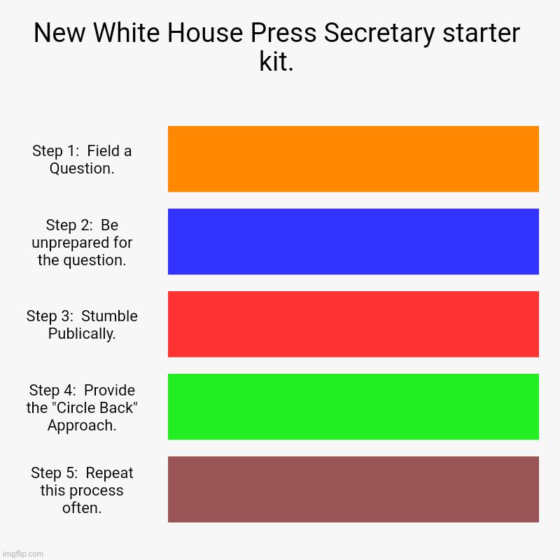Press Secretary Starter Kit | New White House Press Secretary starter kit. | Step 1:  Field a Question., Step 2:  Be unprepared for the question., Step 3:  Stumble Public | image tagged in charts,bar charts,white house,press secretary | made w/ Imgflip chart maker